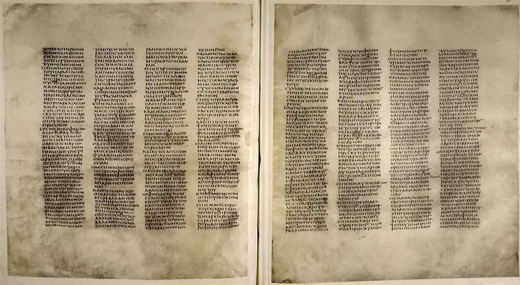 The layout of a fourth-century Greek Bible: three narrow columns to a page, no spaces between
     words, no punctuation, and section divisions marked in red ink.